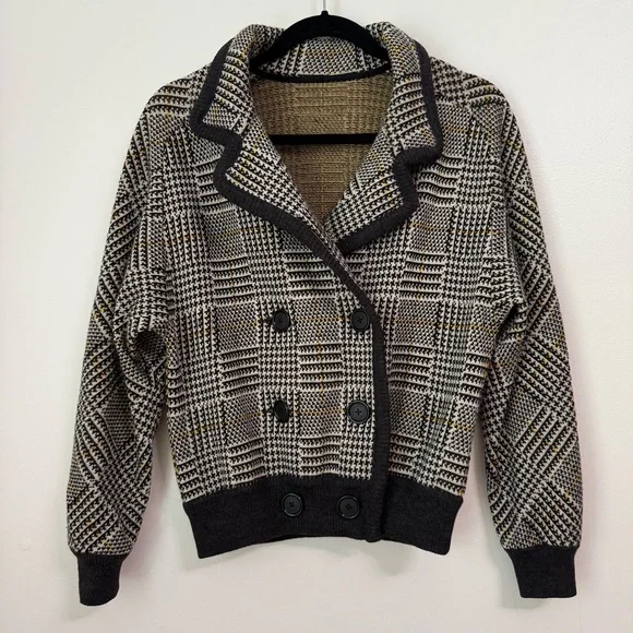 Valentino Women 100% Wool Houndstooth Knit Cardigan Jacket Bomber, size 40/6 US - Picture 1 of 12